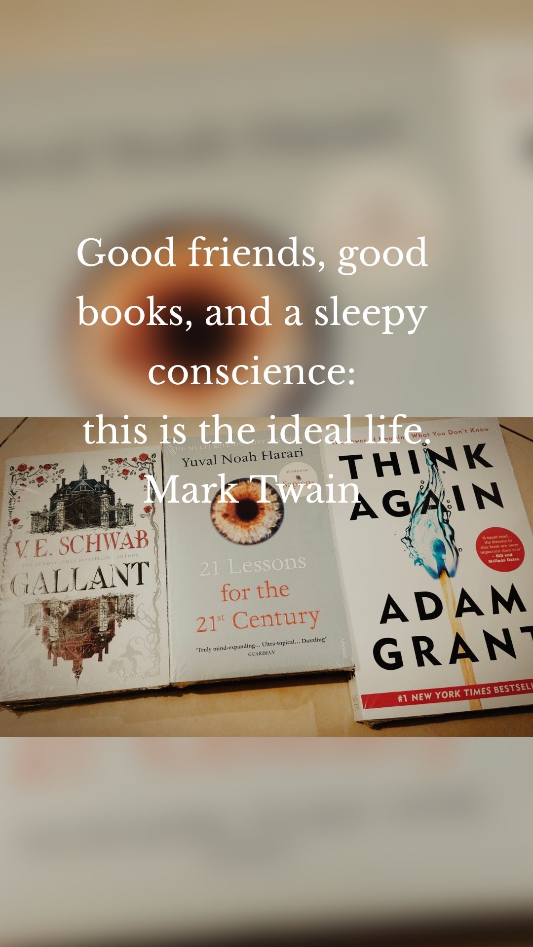 Good friends, good books, and a sleepy conscience:
 this is the ideal life.
Mark Twain